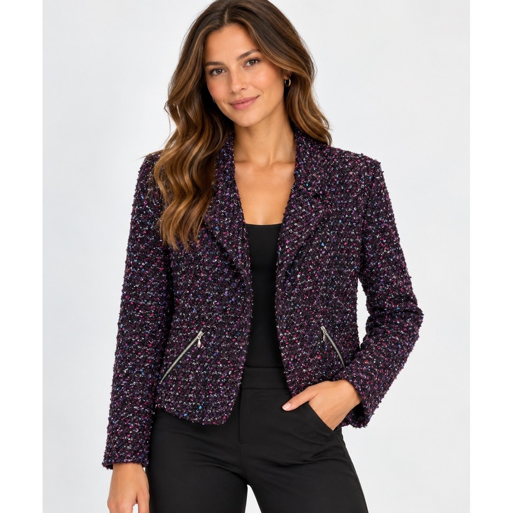 Chico's Purple Multi Tweed Blazer Jacket Open Front Zipper Pockets Size 2 L